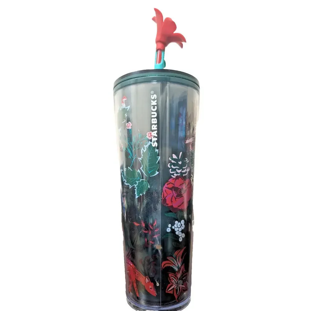 NEW Starbucks Holiday 2022 Poinsettia 24oz Cold Cup Tumbler with Flower Straw - Picture 2 of 7